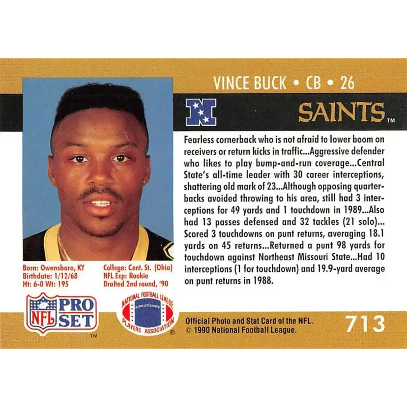 1990 Pro Set #713 Vince Buck NM-MT RC Rookie New Orleans Saints Football Card - Football Card Single