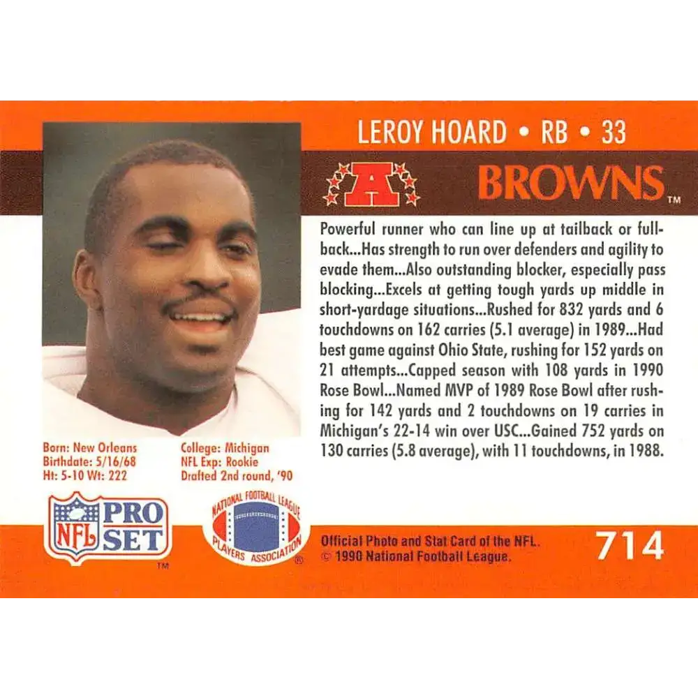 1990 Pro Set #714 Leroy Hoard NM-MT RC Rookie Cleveland Browns Football Card - Football Card Single