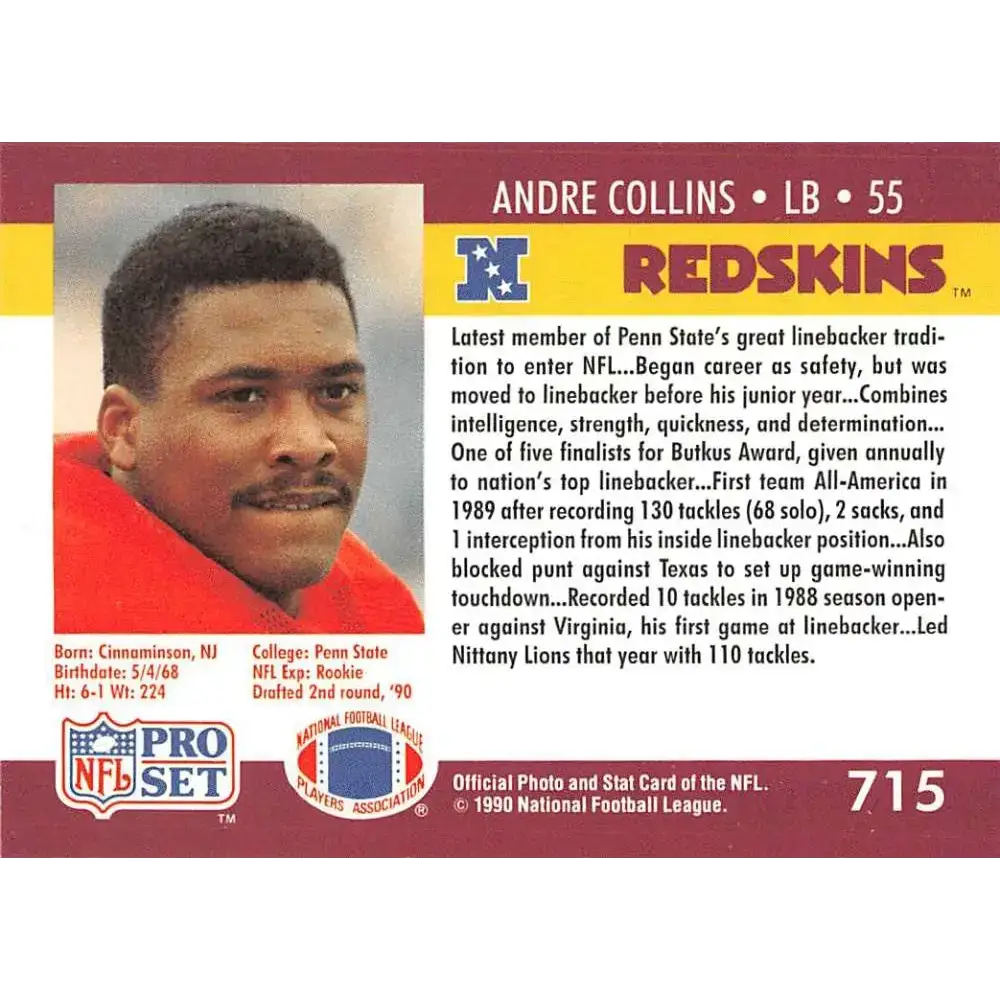 1990 Pro Set #715 Andre Collins NM-MT RC Rookie Washington Redskins Football Card - Football Card Single
