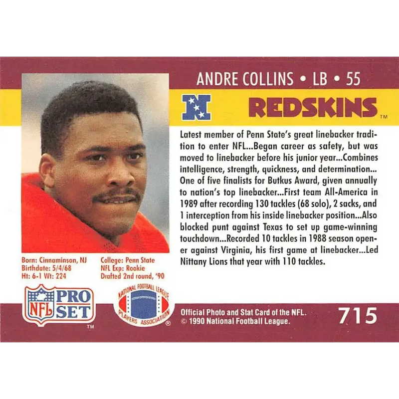 1990 Pro Set #715 Andre Collins NM-MT RC Rookie Washington Redskins Football Card - Football Card Single
