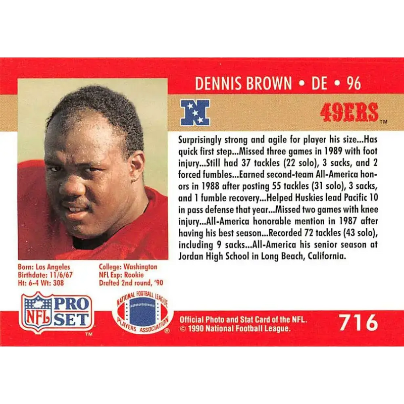 1990 Pro Set #716 Dennis Brown NM-MT RC Rookie San Francisco 49ers Football Card - Football Card Single