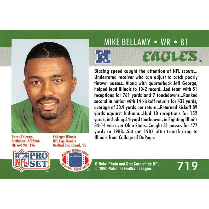 1990 Pro Set #719 Mike Bellamy NM-MT RC Rookie Philadelphia Eagles Football Card - Football Card Single