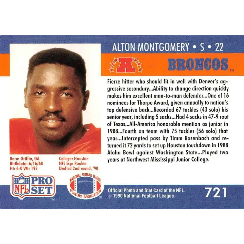 1990 Pro Set #721 Alton Montgomery NM-MT RC Rookie Denver Broncos Football Card - Football Card Single