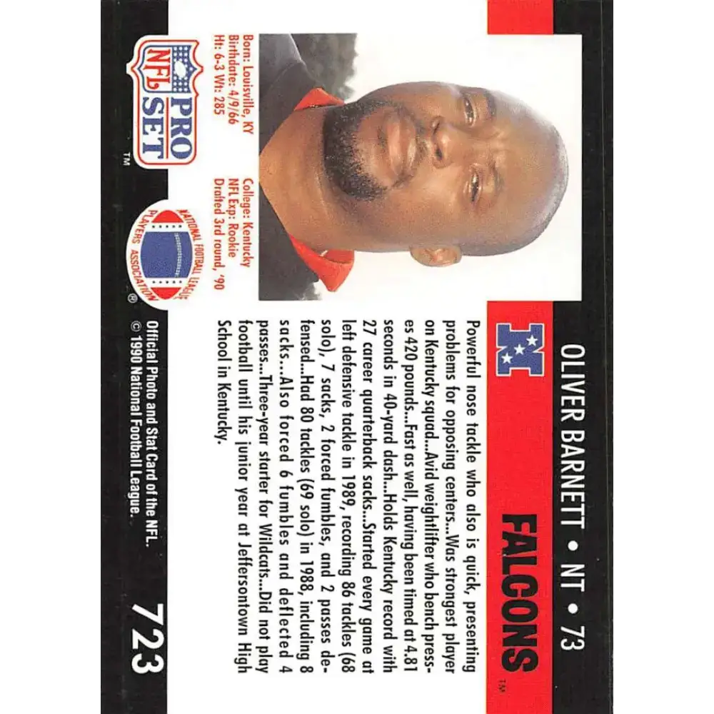 1990 Pro Set #723B Oliver Barnett NM-MT RC Rookie Atlanta Falcons Football Card - Football Card Single