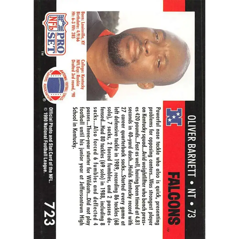 1990 Pro Set #723B Oliver Barnett NM-MT RC Rookie Atlanta Falcons Football Card - Football Card Single