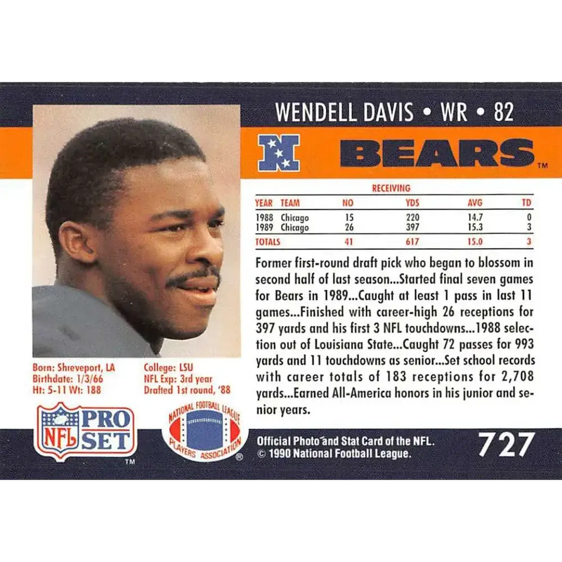 1990 Pro Set #727 Wendell Davis NM-MT RC Rookie Chicago Bears Football Card - Football Card Single