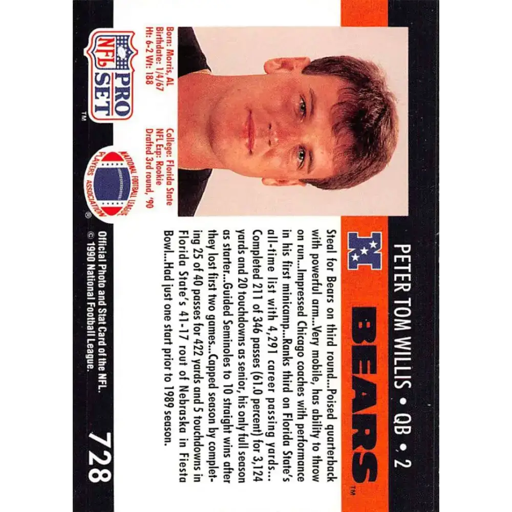 1990 Pro Set #728 Peter Tom Willis NM-MT RC Rookie Chicago Bears Football Card - Football Card Single
