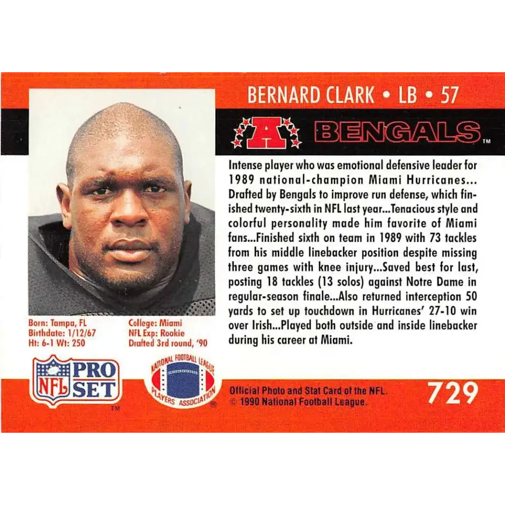 1990 Pro Set #729 Bernard Clark NM-MT RC Rookie Cincinnati Bengals Football Card - Football Card Single