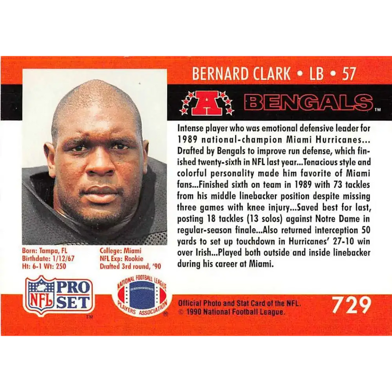 1990 Pro Set #729 Bernard Clark NM-MT RC Rookie Cincinnati Bengals Football Card - Football Card Single