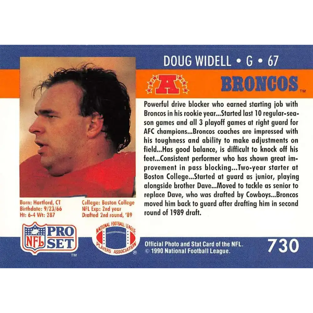 1990 Pro Set #730 Doug Widell NM-MT RC Rookie Denver Broncos Football Card - Football Card Single