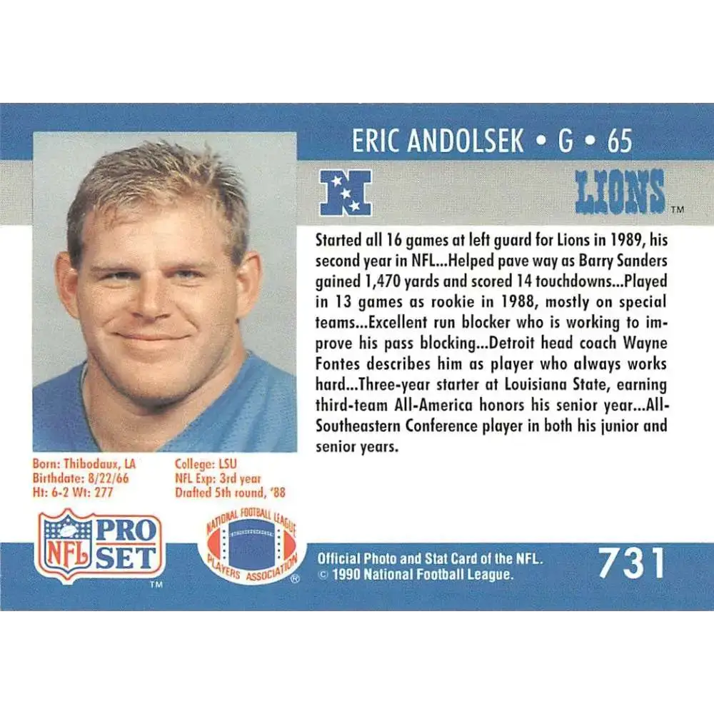 1990 Pro Set #731 Eric Andolsek NM-MT RC Rookie Detroit Lions Football Card - Football Card Single