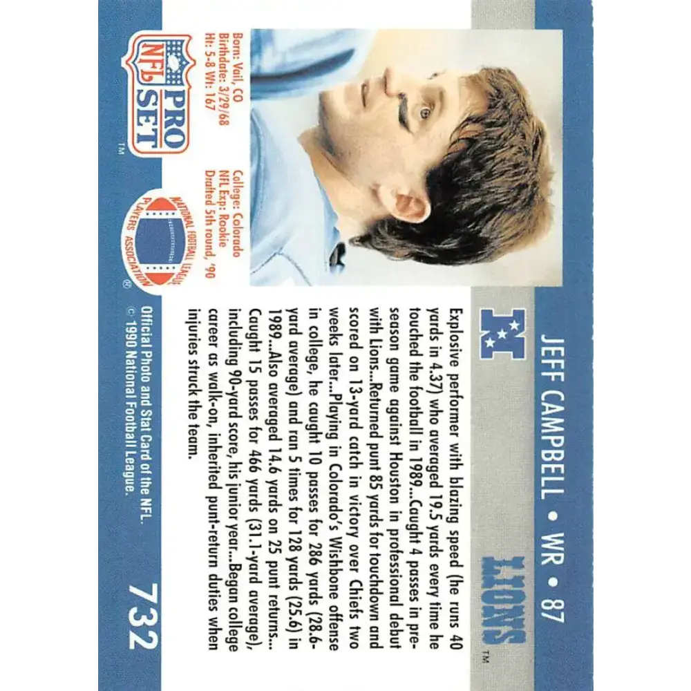 1990 Pro Set #732 Jeff Campbell NM-MT RC Rookie Detroit Lions Football Card - Football Card Single