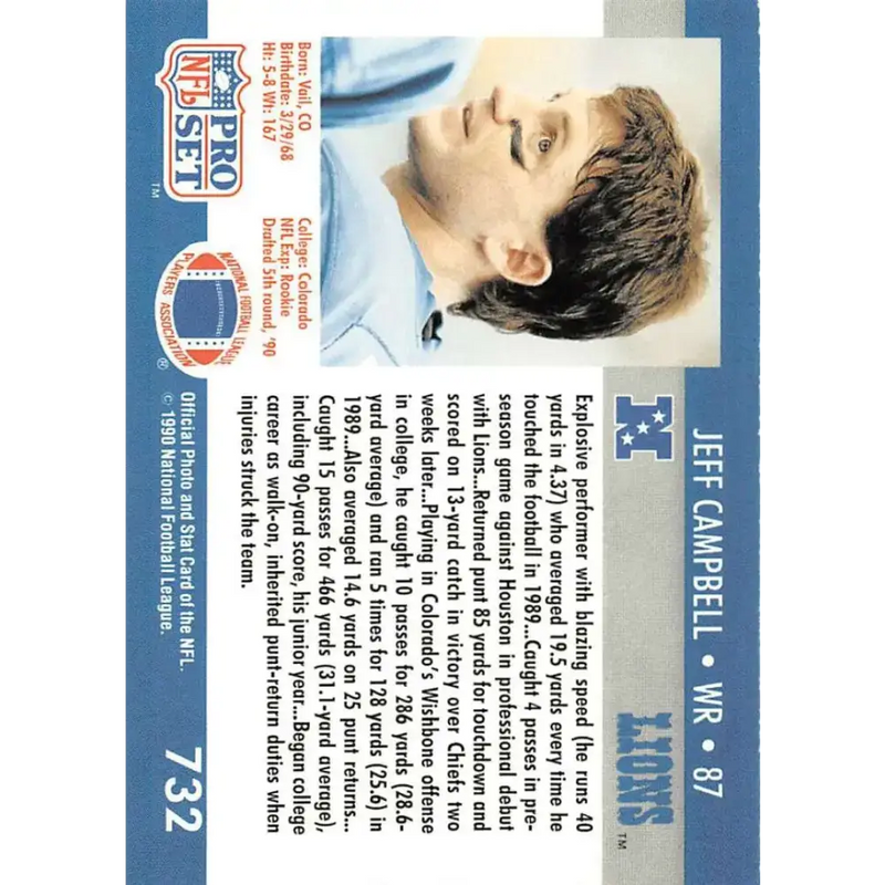 1990 Pro Set #732 Jeff Campbell NM-MT RC Rookie Detroit Lions Football Card - Football Card Single