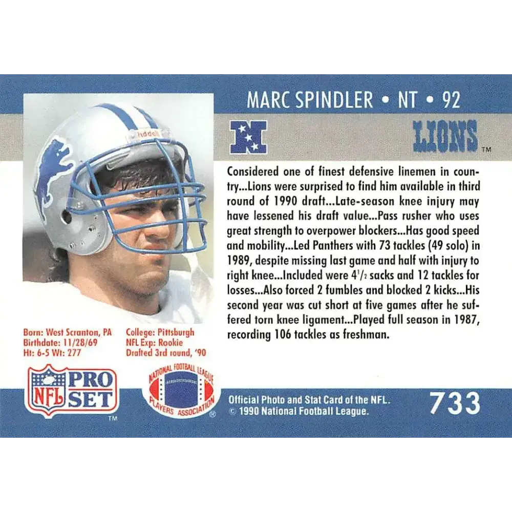 1990 Pro Set #733 Marc Spindler NM-MT RC Rookie Detroit Lions Football Card - Football Card Single