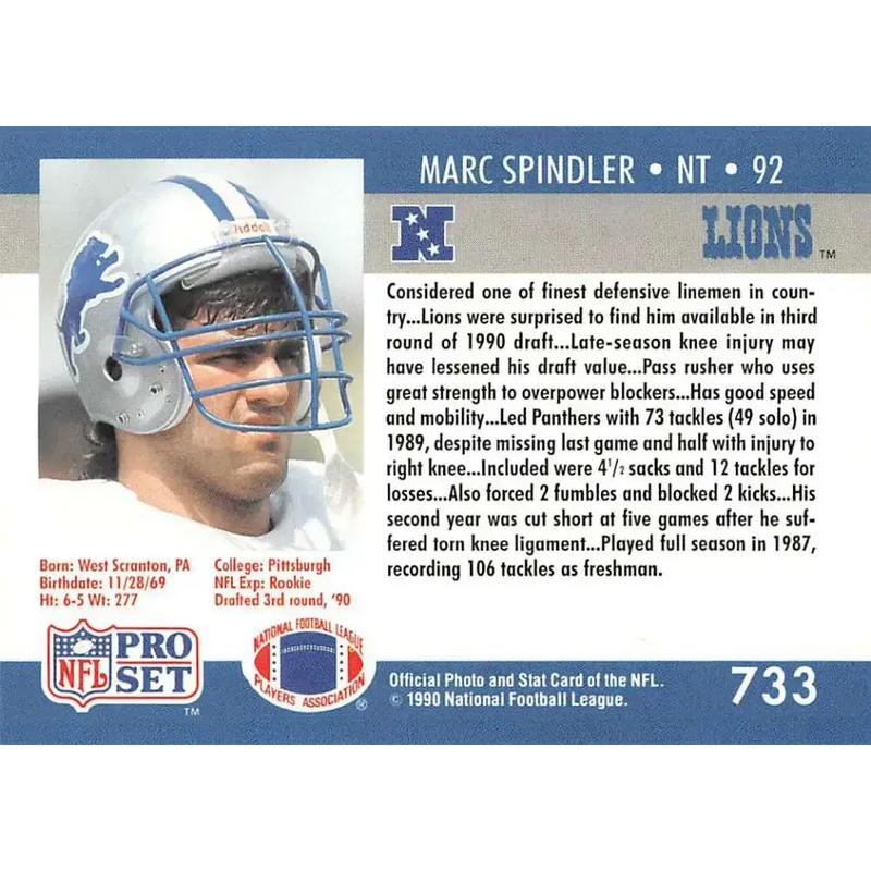 1990 Pro Set #733 Marc Spindler NM-MT RC Rookie Detroit Lions Football Card - Football Card Single