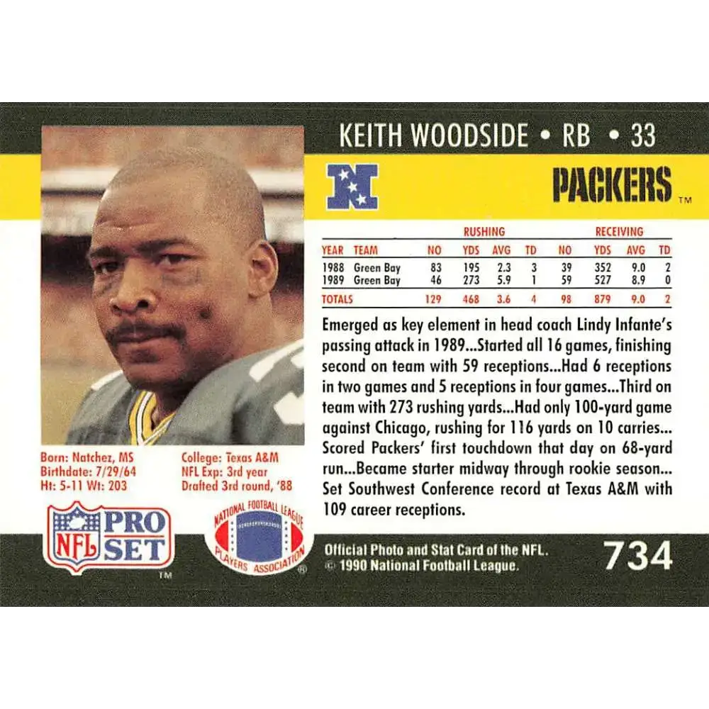 1990 Pro Set #734 Keith Woodside NM-MT Green Bay Packers Football Card - Football Card Single