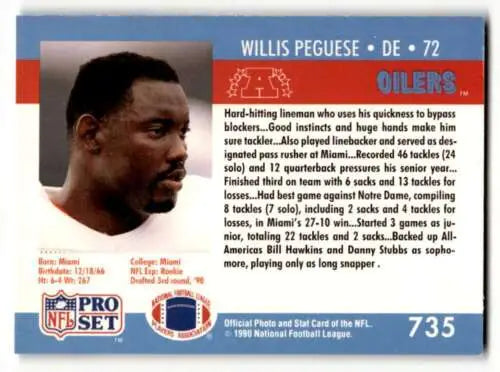 Willis Peguese Houston Oilers football card from 1990 Pro Set, original gloss, EX/NM condition