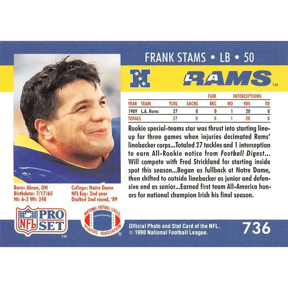 1990 Pro Set #736 Frank Stams NM-MT Los Angeles Rams Football Card - Football Card Single