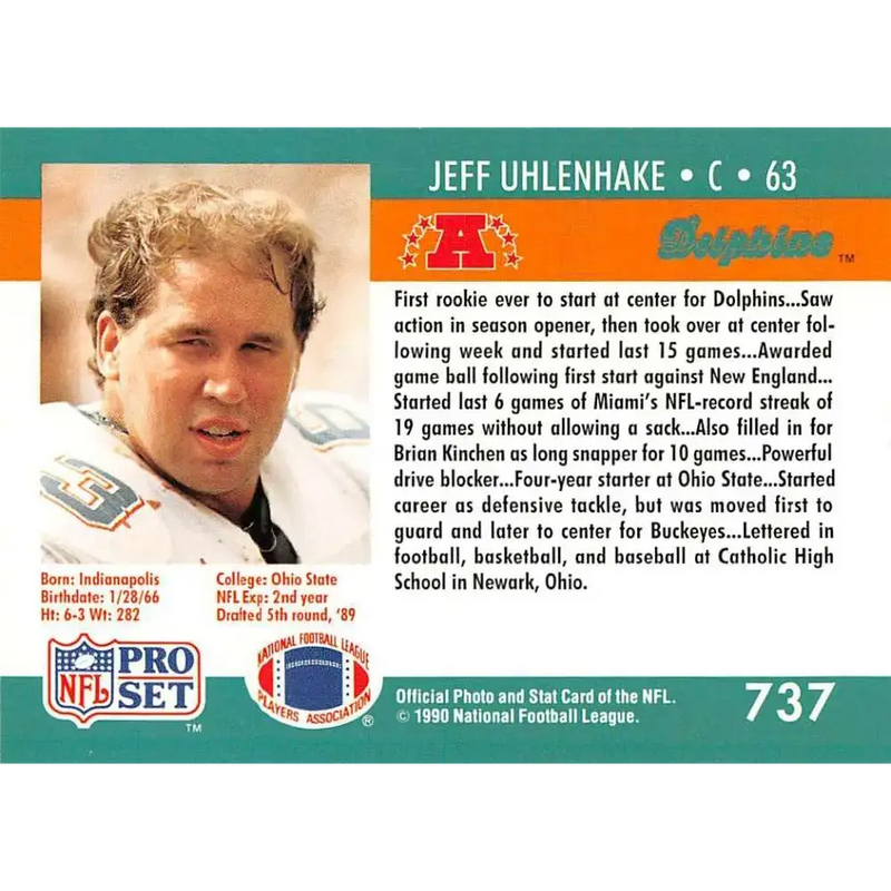 1990 Pro Set #737 Jeff Uhlenhake NM-MT Miami Dolphins Football Card - Football Card Single