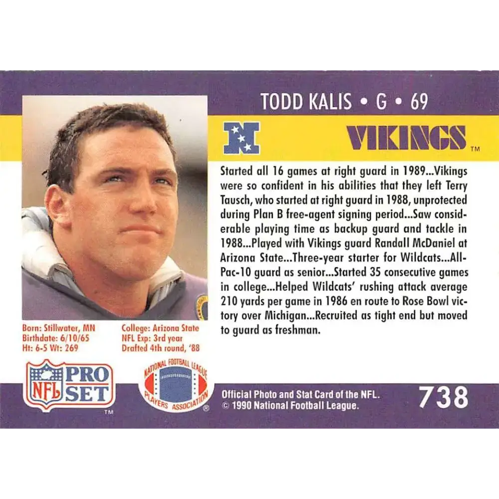 1990 Pro Set #738 Todd Kalis NM-MT RC Rookie Minnesota Vikings Football Card - Football Card Single