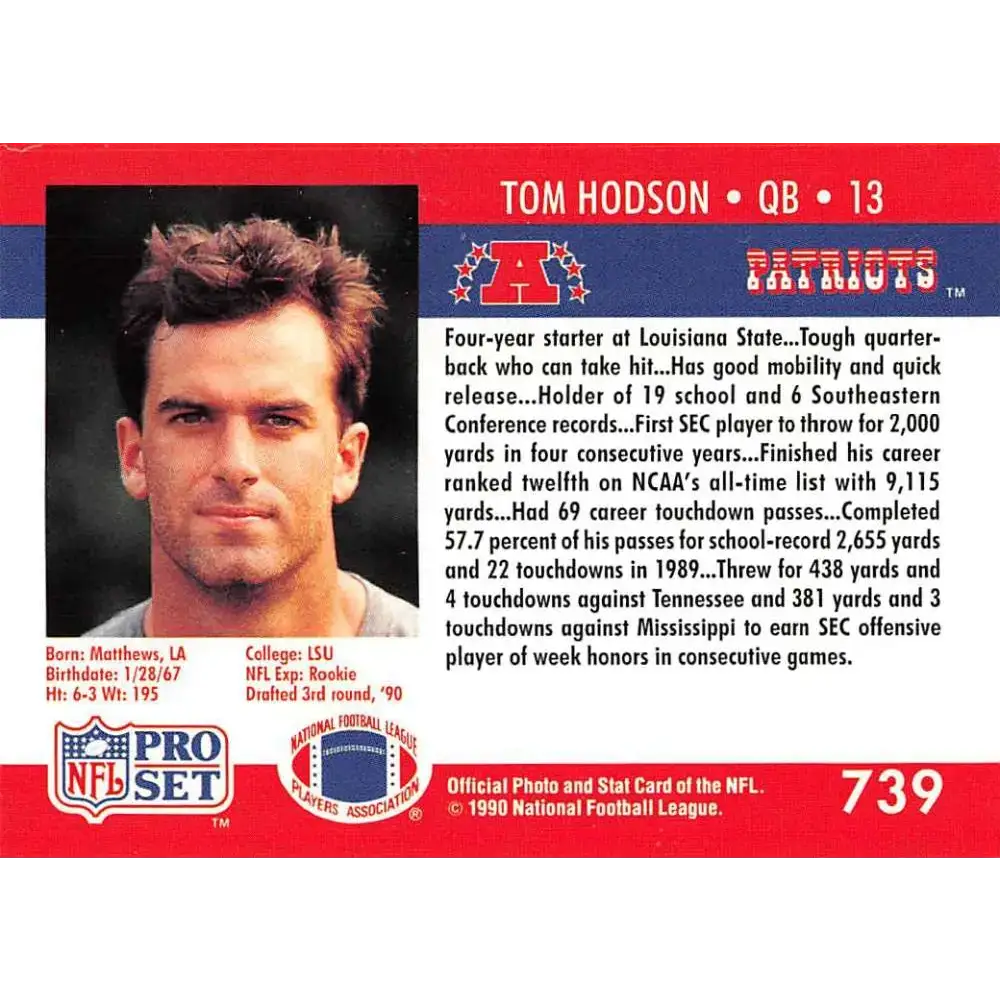 1990 Pro Set #739 Tom Hodson NM-MT RC Rookie New England Patriots Football Card - Football Card Single