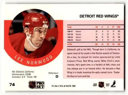 1990 Pro Set #74 Lee Norwood Detroit Red Wings Hockey Cards EX/NM ID:60546 - Hockey Card Single