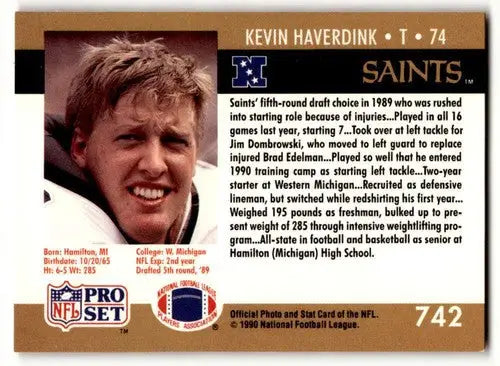Original gloss football trading card featuring Kevin Haverdink from 1990 Pro Set Saints