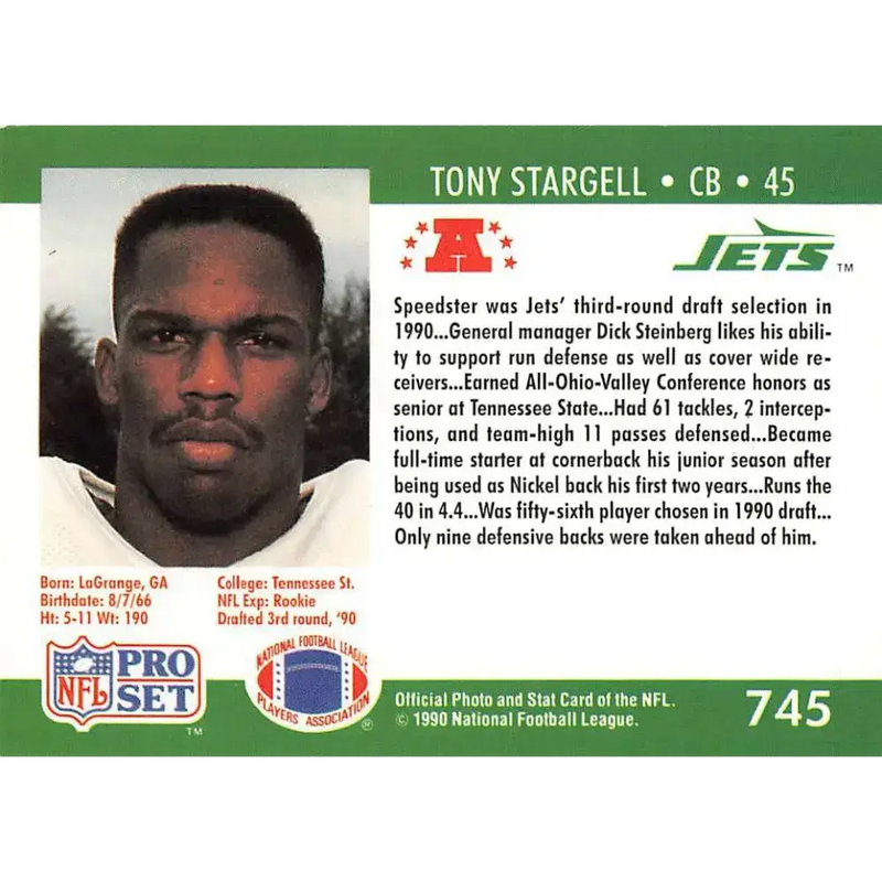 1990 Pro Set #745 Tony Stargell NM-MT RC Rookie New York Jets Football Card - Football Card Single