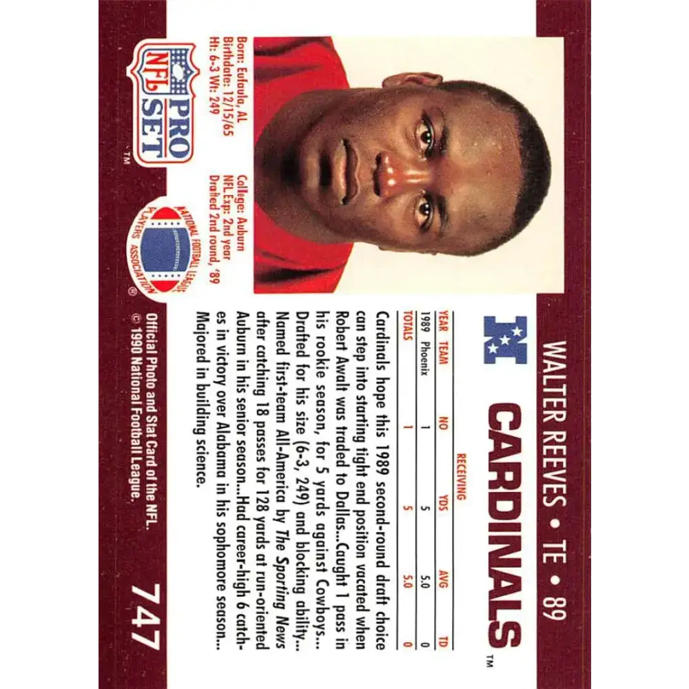 1990 Pro Set #747 Walter Reeves NM-MT RC Rookie Phoenix Cardinals Football Card - Football Card Single