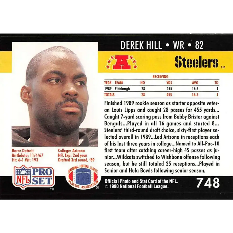 1990 Pro Set #748 Derek Hill NM-MT RC Rookie Pittsburgh Steelers Football Card - Football Card Single
