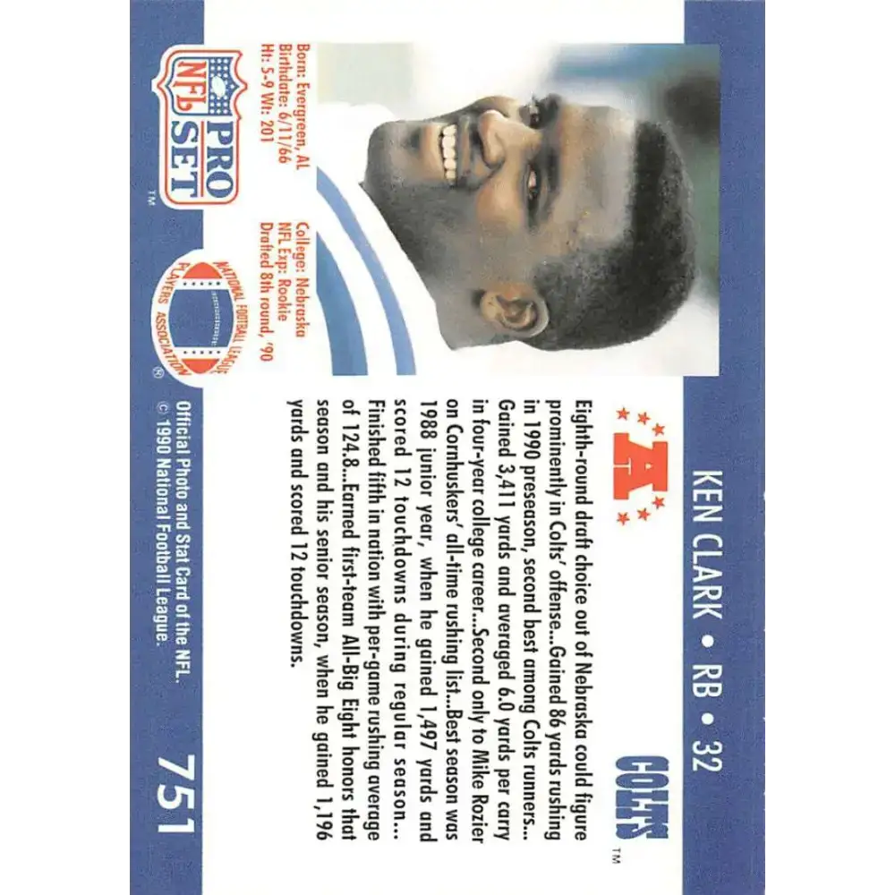 1990 Pro Set #751 Ken Clark NM-MT RC Rookie Indianapolis Colts Football Card - Football Card Single