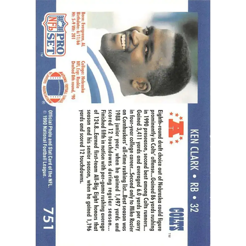 1990 Pro Set #751 Ken Clark NM-MT RC Rookie Indianapolis Colts Football Card - Football Card Single