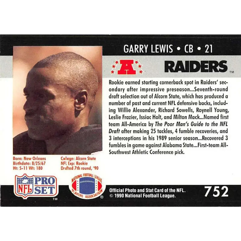 1990 Pro Set #752 Garry Lewis NM-MT RC Rookie Los Angeles Raiders Football Card - Football Card Single