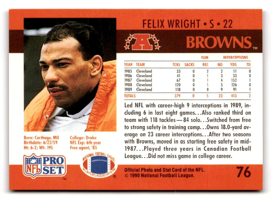 1990 Pro Set #76 Felix Wright - Football Card Single