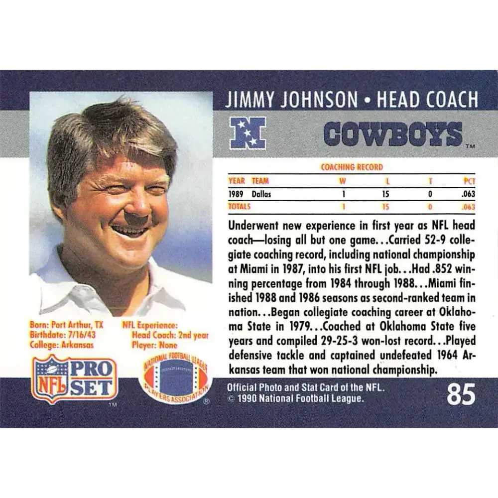 1990 Pro Set #85 Jimmy Johnson NM-MT Dallas Cowboys Football Card - Football Card Single
