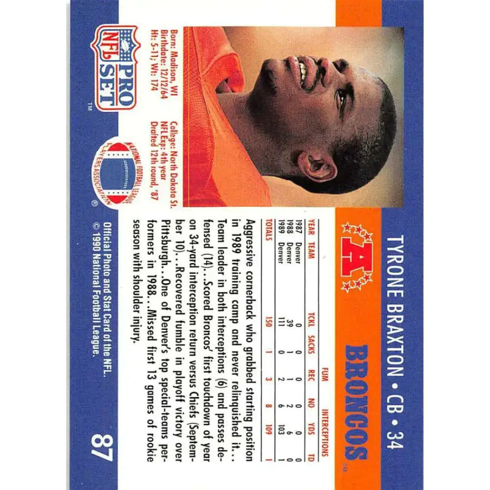 1990 Pro Set #87 Tyrone Braxton NM-MT Denver Broncos Football Card - Football Card Single