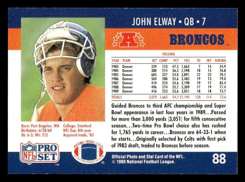 1990 Pro Set #88 John Elway - Football Card Single