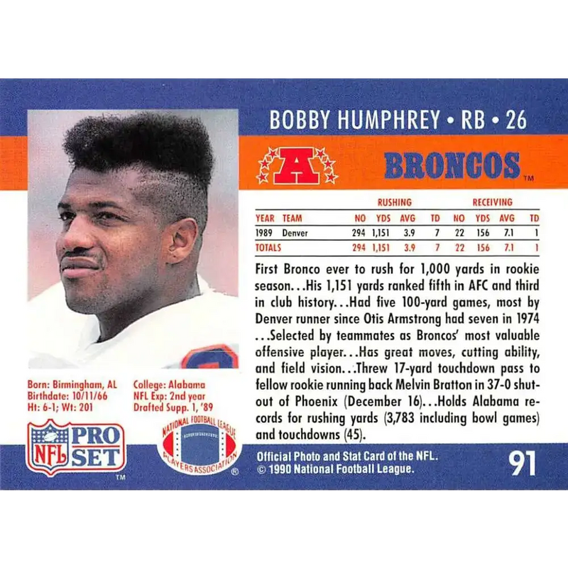 1990 Pro Set #91 Bobby Humphrey NM-MT Denver Broncos Football Card - Football Card Single