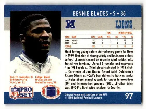 Bennie Blades Detroit Lions football card from 1990 Pro Set, EX/NM condition