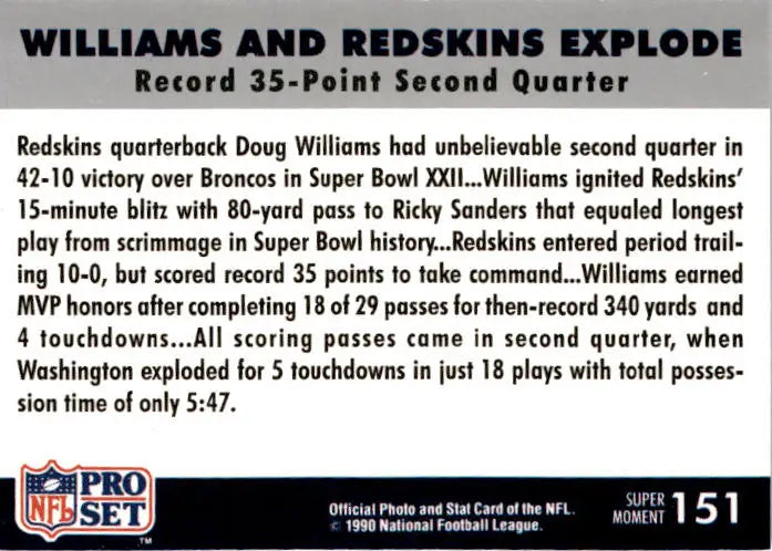 1990 Pro Set Super Bowl XXV Silver Anniversary Williams and Redskins Explode - Football Card Single