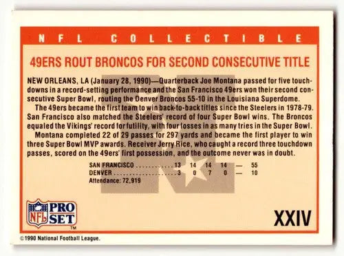 Original gloss football card back from 1990 Pro Set Super Bowl XXIV San Francisco 49ers