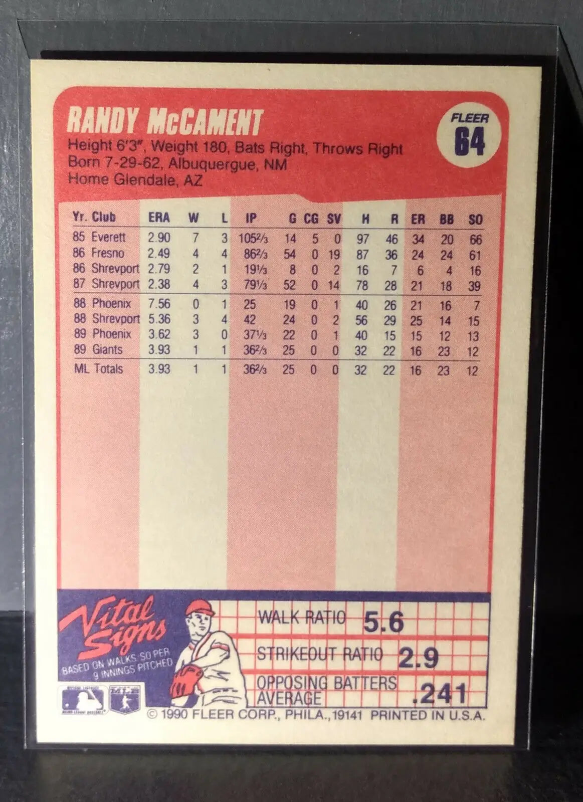 1990 Randy McCament Fleer Baseball Card #64 - Baseball Card Single