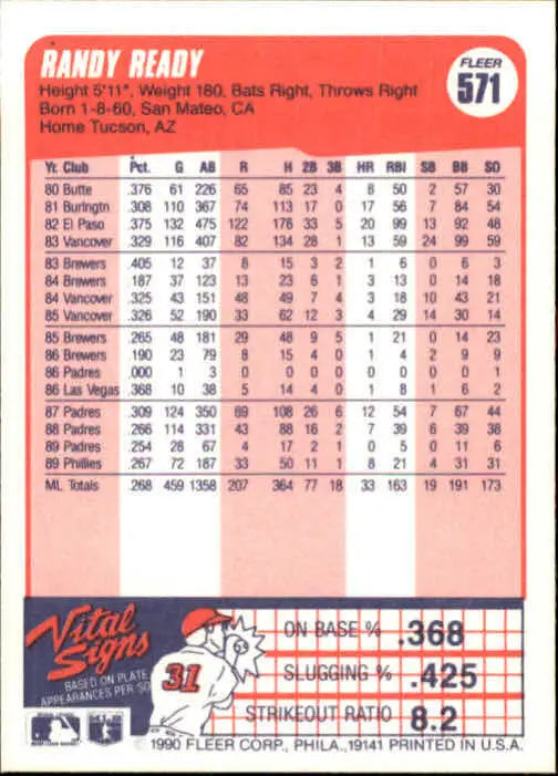 1990 Randy Ready Fleer Baseball Card #571 - Baseball Card Single