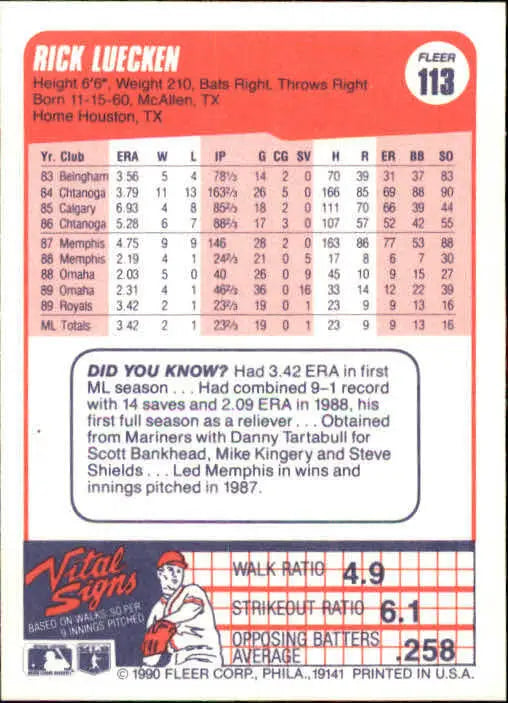 1990 Rick Luecken Fleer Baseball Card #113