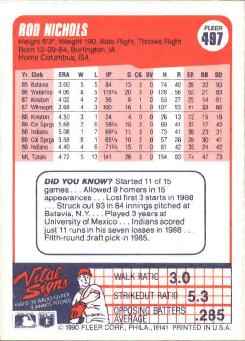 1990 Rod Nichols Fleer Baseball Card #497 - Baseball Card Single