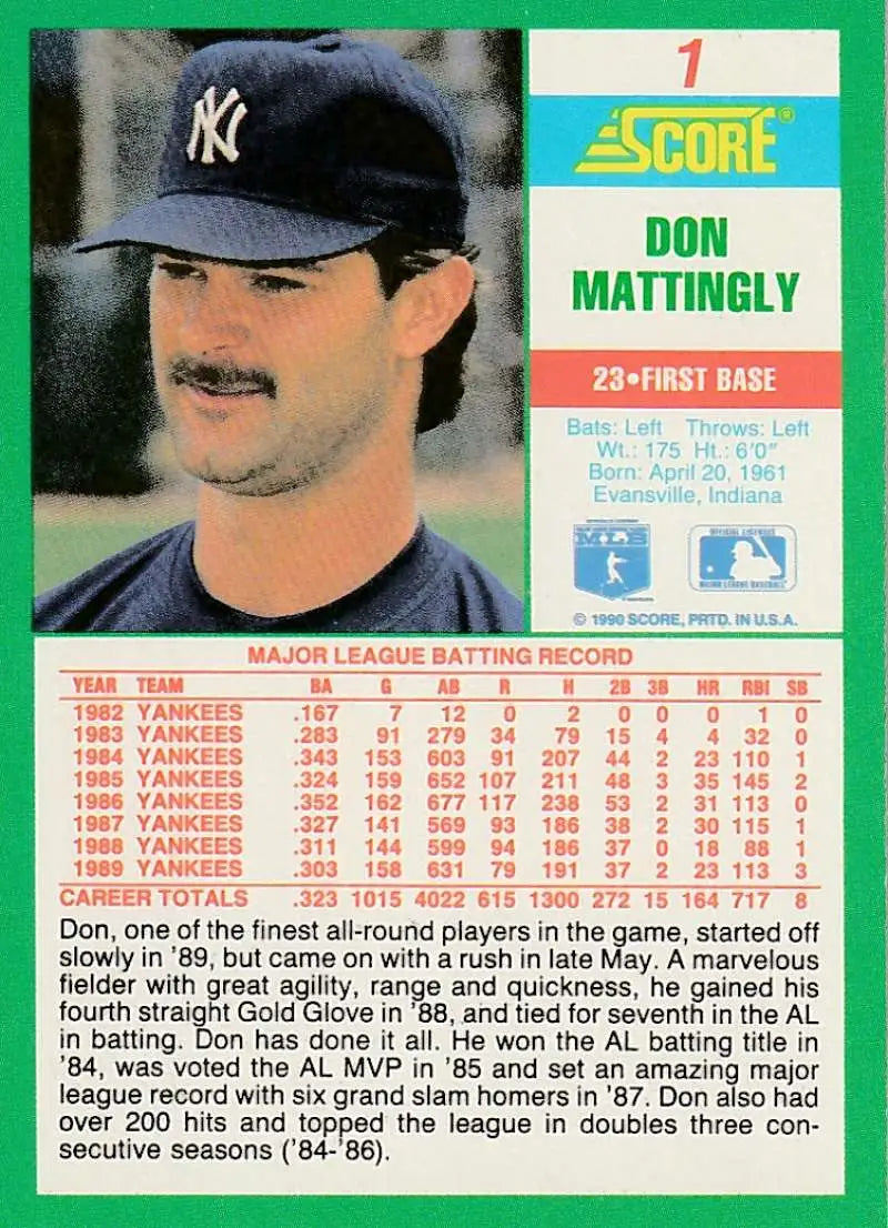 1990 Score #1 Don Mattingly EX Excellent New York Yankees Baseball Card - Baseball Card Single