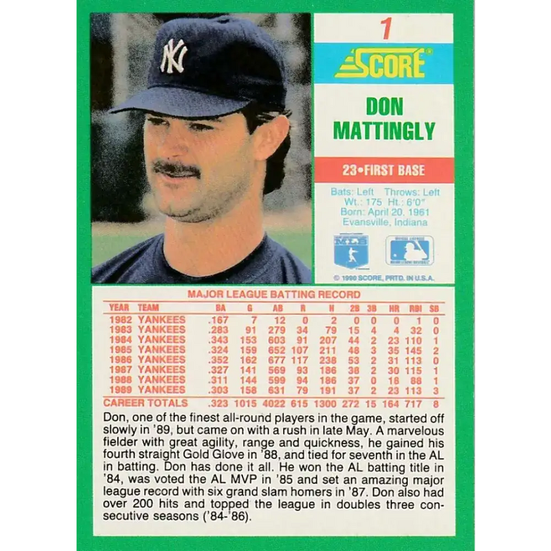 1990 Score #1 Don Mattingly NM-MT New York Yankees Baseball Card - Baseball Card Single