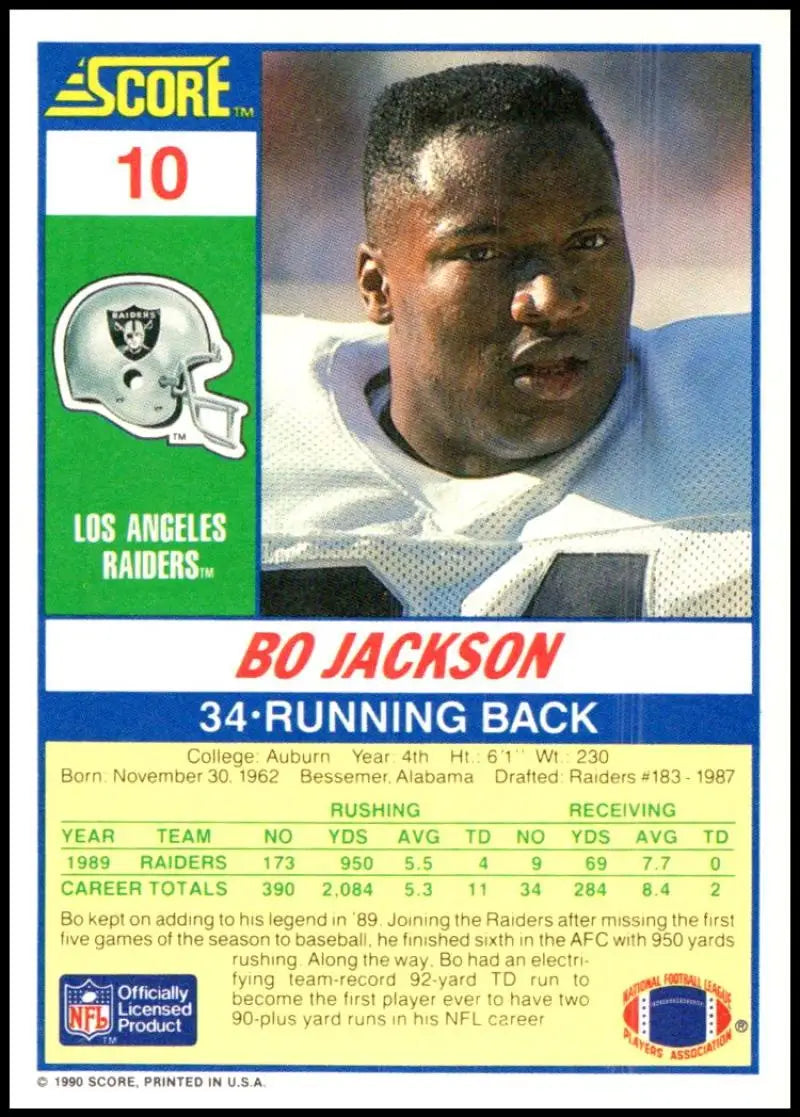 1990 Score #10 Bo Jackson NM-MT Los Angeles Raiders Football Card - Football Card Single