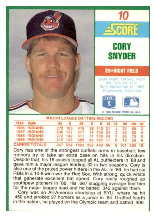 1990 Score #10 Cory Snyder - Baseball Card Single