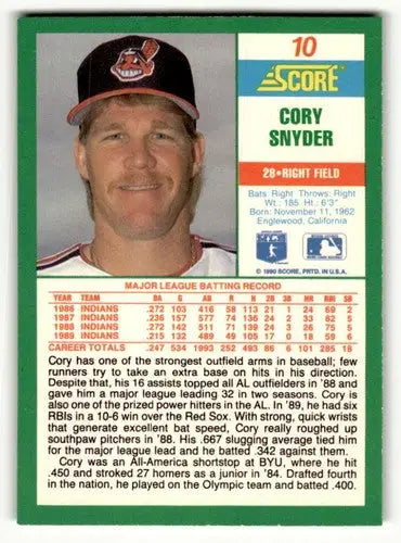 1990 Score #10 Cory Snyder Cleveland Indians Baseball Cards ID:52798 - Baseball Card Single
